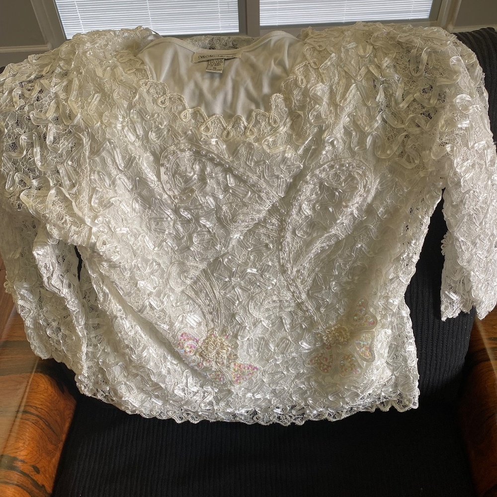 Ribbon and Lace Blouse XL by SM Collection, Cream with pearls applied